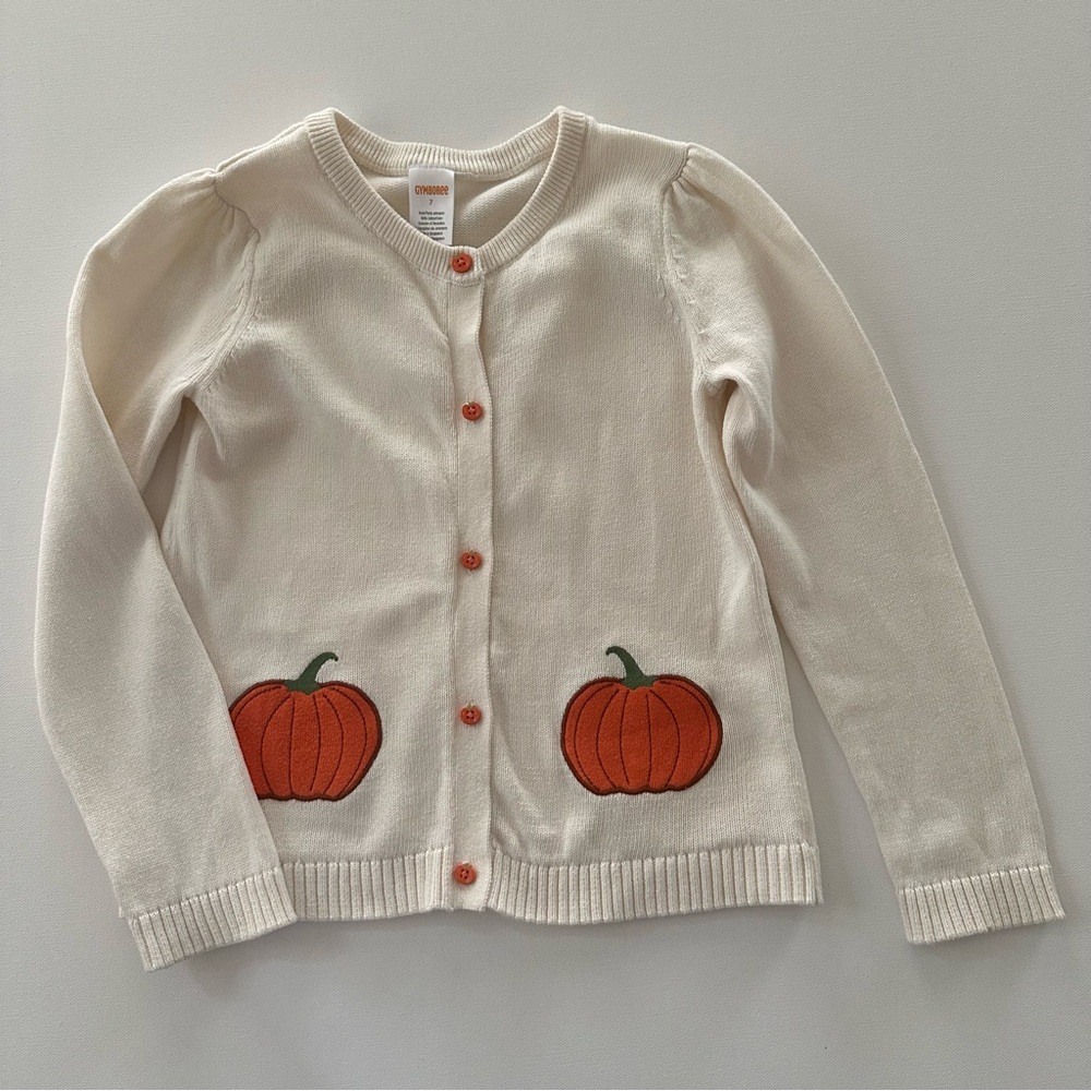Gymboree Girls 7 Cream Knit Sweater Cardigan Pumpkin Embroidery Fall